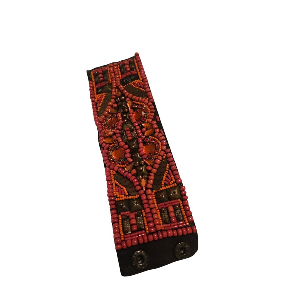 Boho Beaded Cuff Bracelet Orange Coral Bronze Statement Snap Closure‎ Jewelry